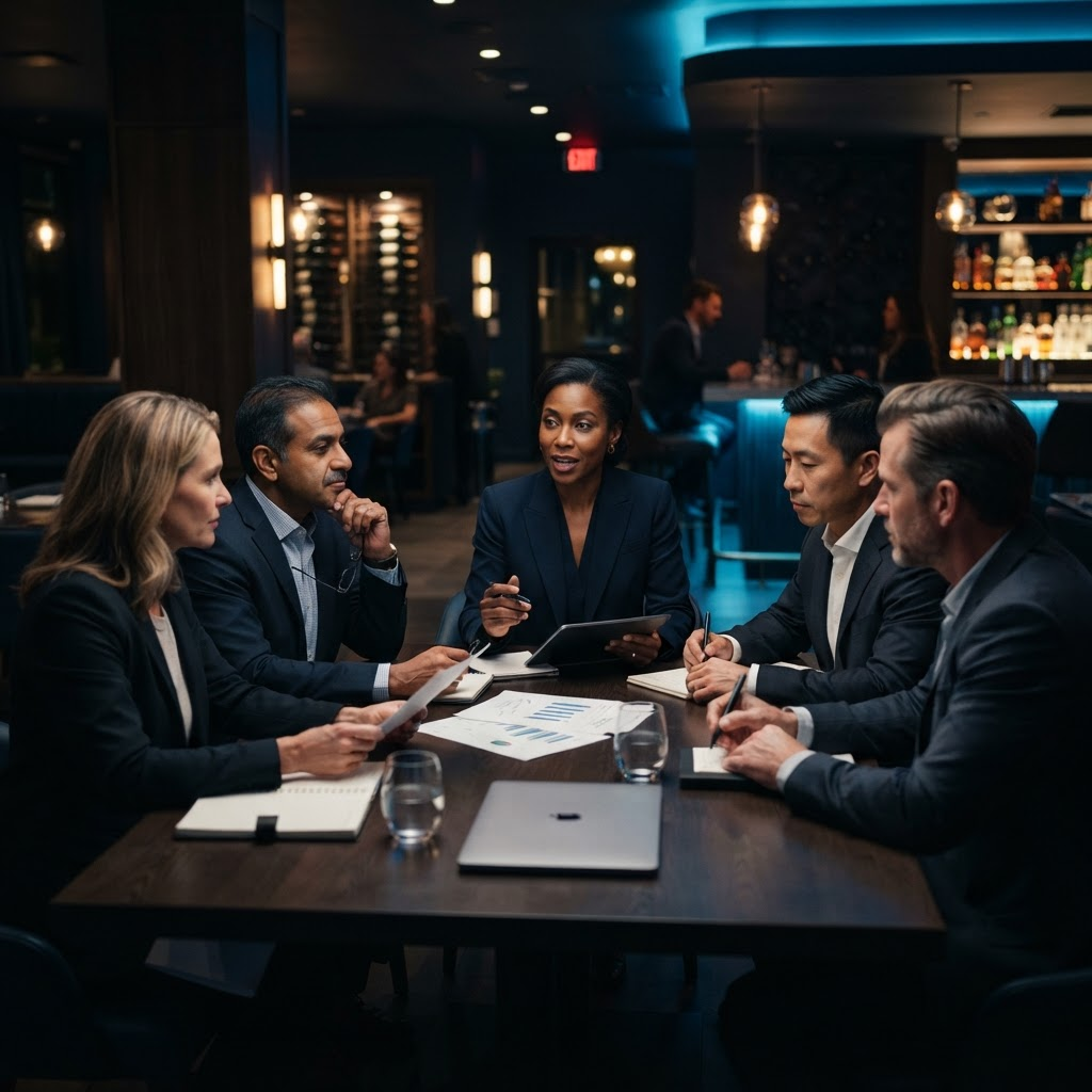 Hospitality leaders reviewing restaurant performance and planning together