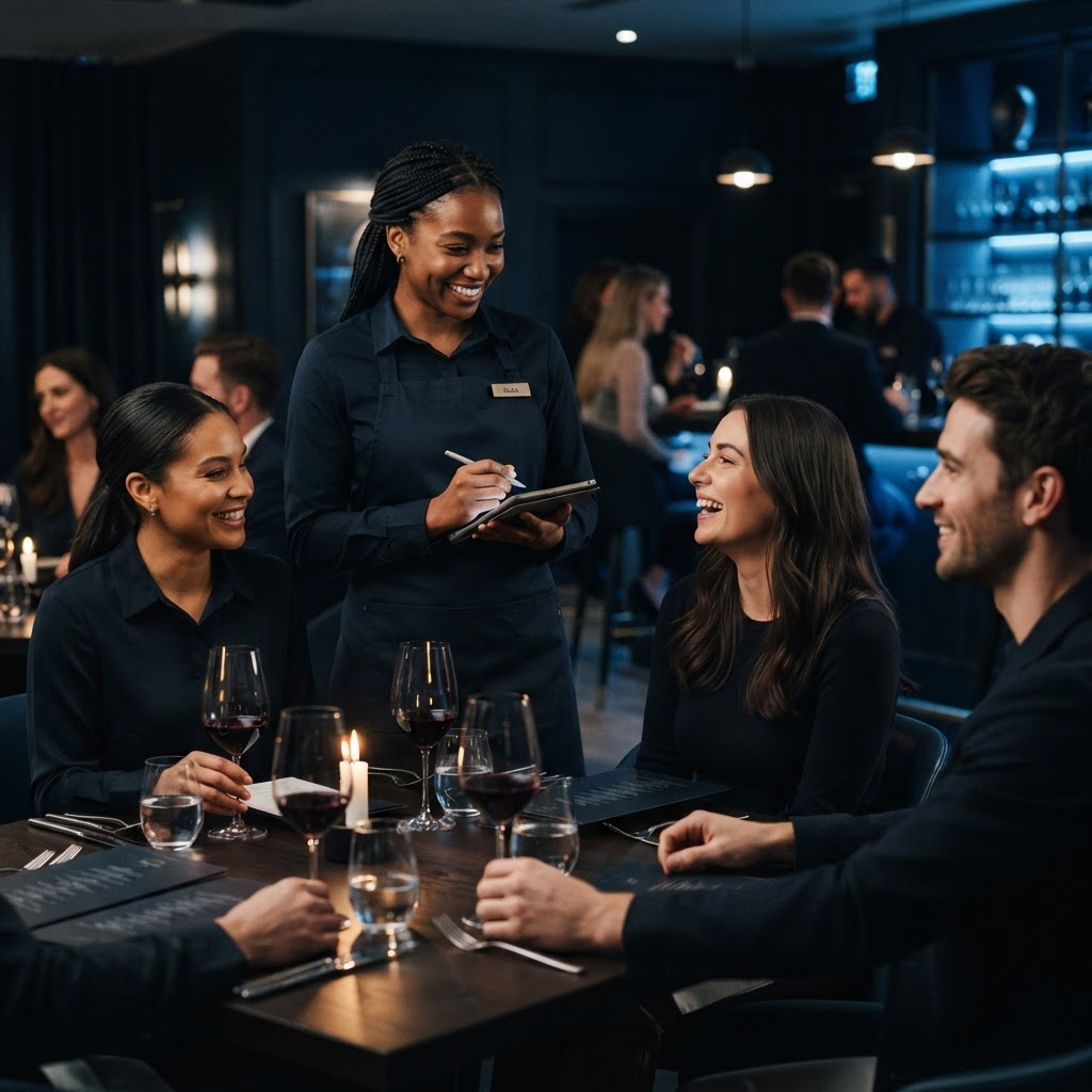 Restaurant server connecting with guests at their table
